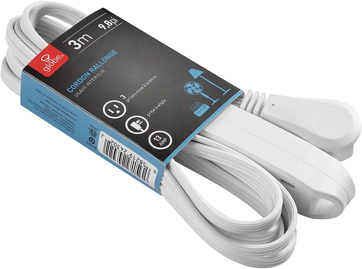 10ft Medium Duty 3-Outlet Indoor Extension Cord – Grounded Right-Angle Flat Plug – White