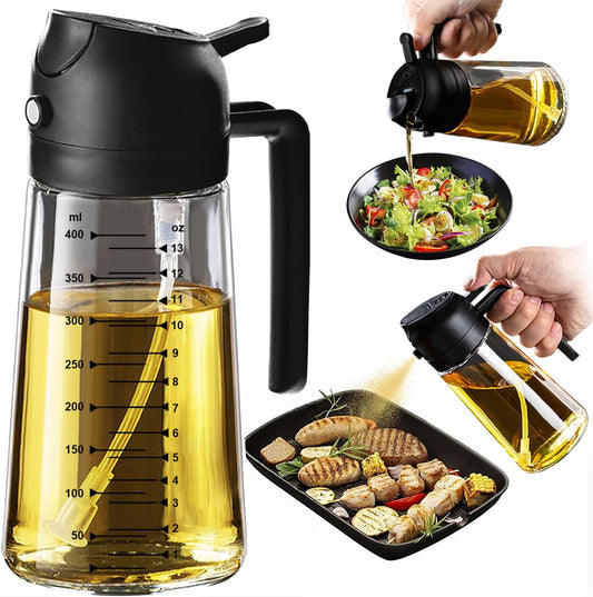 2-in-1 Glass Olive Oil Spray Bottle & Dispenser – 470ml High-Capacity Oil Mister for Cooking, Air Fryer, and BBQ – Black