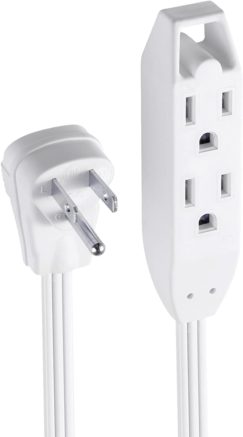 10ft Medium Duty 3-Outlet Indoor Extension Cord – Grounded Right-Angle Flat Plug – White