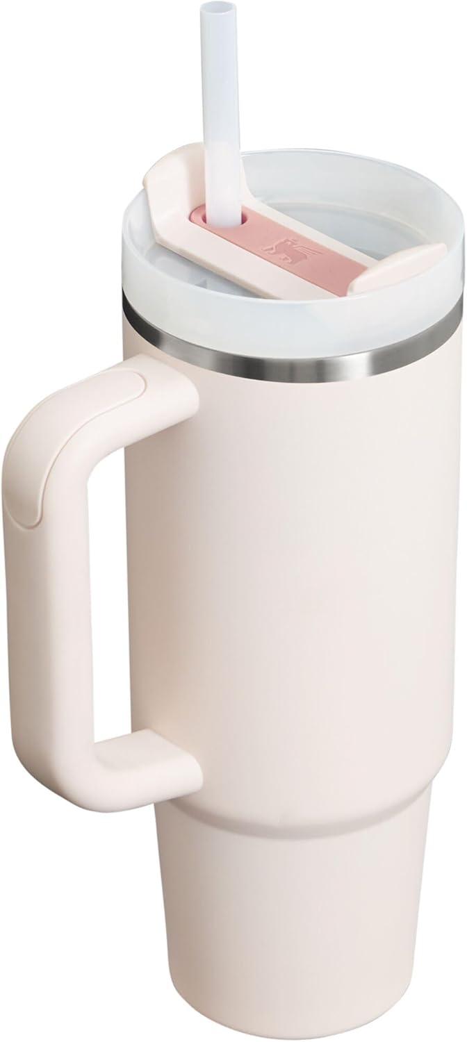 Insulated Stainless Steel Tumbler with Handle and Straw – 30 oz Leak-Resistant Travel Cup – Cup Holder Compatible & BPA-Free – Rose Quartz