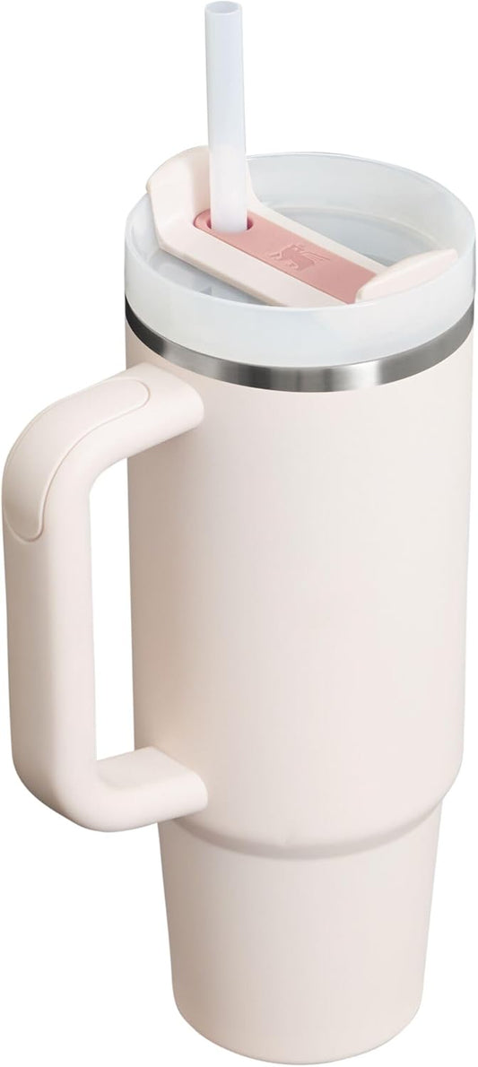 Insulated Stainless Steel Tumbler with Handle and Straw – 30 oz Leak-Resistant Travel Cup – Cup Holder Compatible & BPA-Free – Rose Quartz
