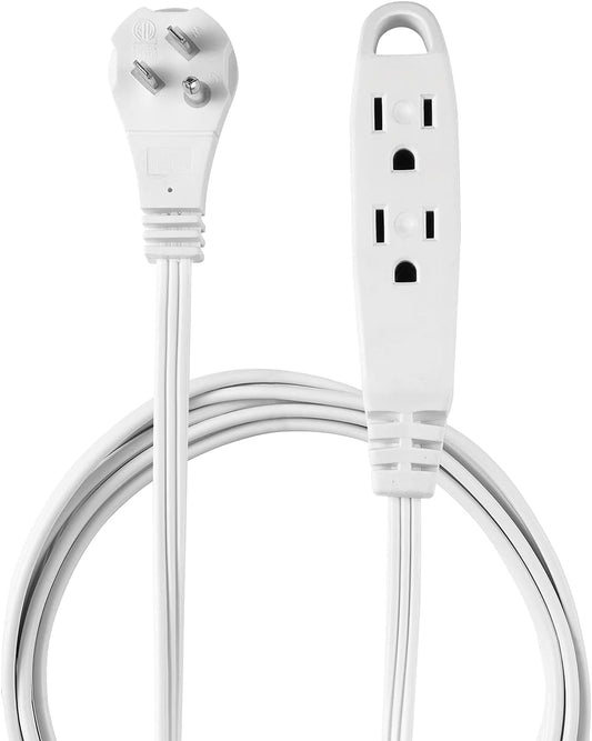 10ft Medium Duty 3-Outlet Indoor Extension Cord – Grounded Right-Angle Flat Plug – White