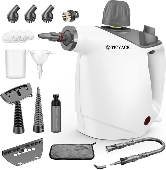 Handheld Multi-Purpose Steam Cleaner – 500ml High-Capacity Pressurized Steamer with 16-Piece Accessory Kit – Grey & White