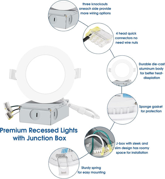 4-Inch Slim LED Recessed Pot Lights with Junction Box – 5CCT Selectable Color Temperature – Dimmable & IC Rated Ceiling Lighting – 12-Pack