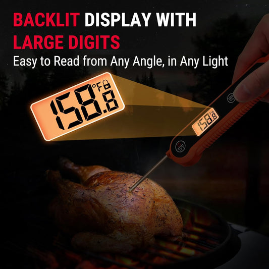 Digital Instant Read Meat Thermometer – Waterproof Food Thermometer with Backlight & Calibration for Grilling, Baking & Candy Making