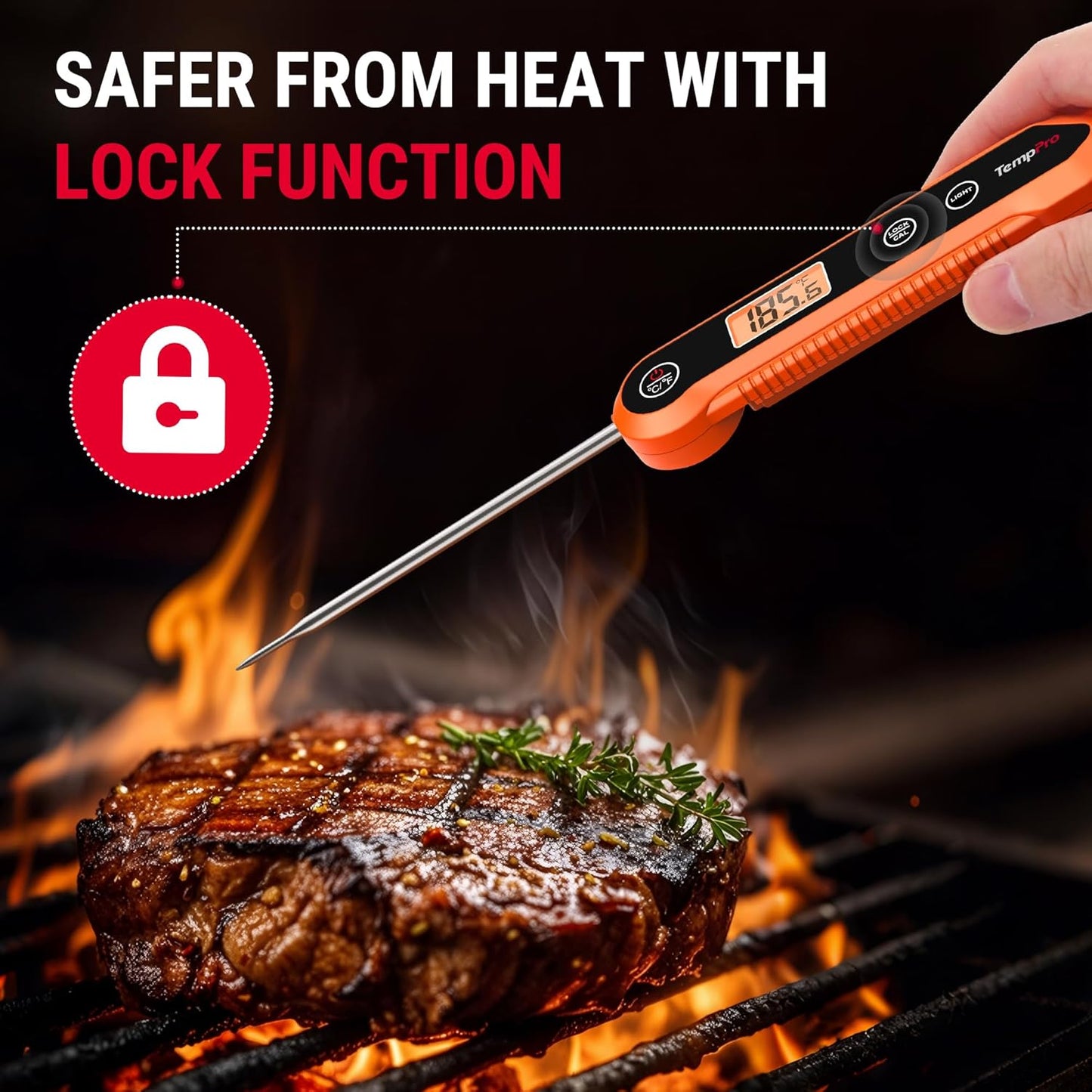 Digital Instant Read Meat Thermometer – Waterproof Food Thermometer with Backlight & Calibration for Grilling, Baking & Candy Making